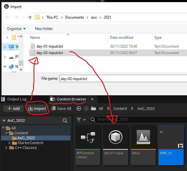 A screenshot of Unreal Editor showing the Content Browser, with the Import button highlighted.