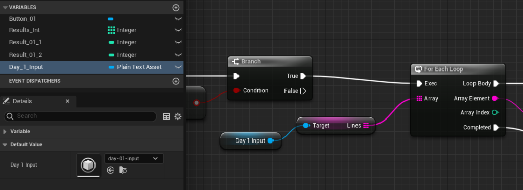 A screenshot of Unreal Editor showing a Blueprint editor, with a Variable Day_1_Input highlighted, The Details panel shows an asset reference. The event graph shows the variable being used.